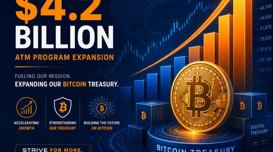 **SEO Optimized Alt-Text:** Sleek, modern header image in Strive’s brand colors—vibrant orange, dark blue, and midnight blue—showcasing ascending bar graphs, upward arrows, abstract Bitcoin symbols, and digital treasury motifs. The design visually represents bold financial growth and innovation, with subtle stock market references and futuristic elements, highlighting Strive’s .2 billion ATM program expansion into Bitcoin treasury. Clean and professional, ideal for corporate finance and cryptocurrency themes.