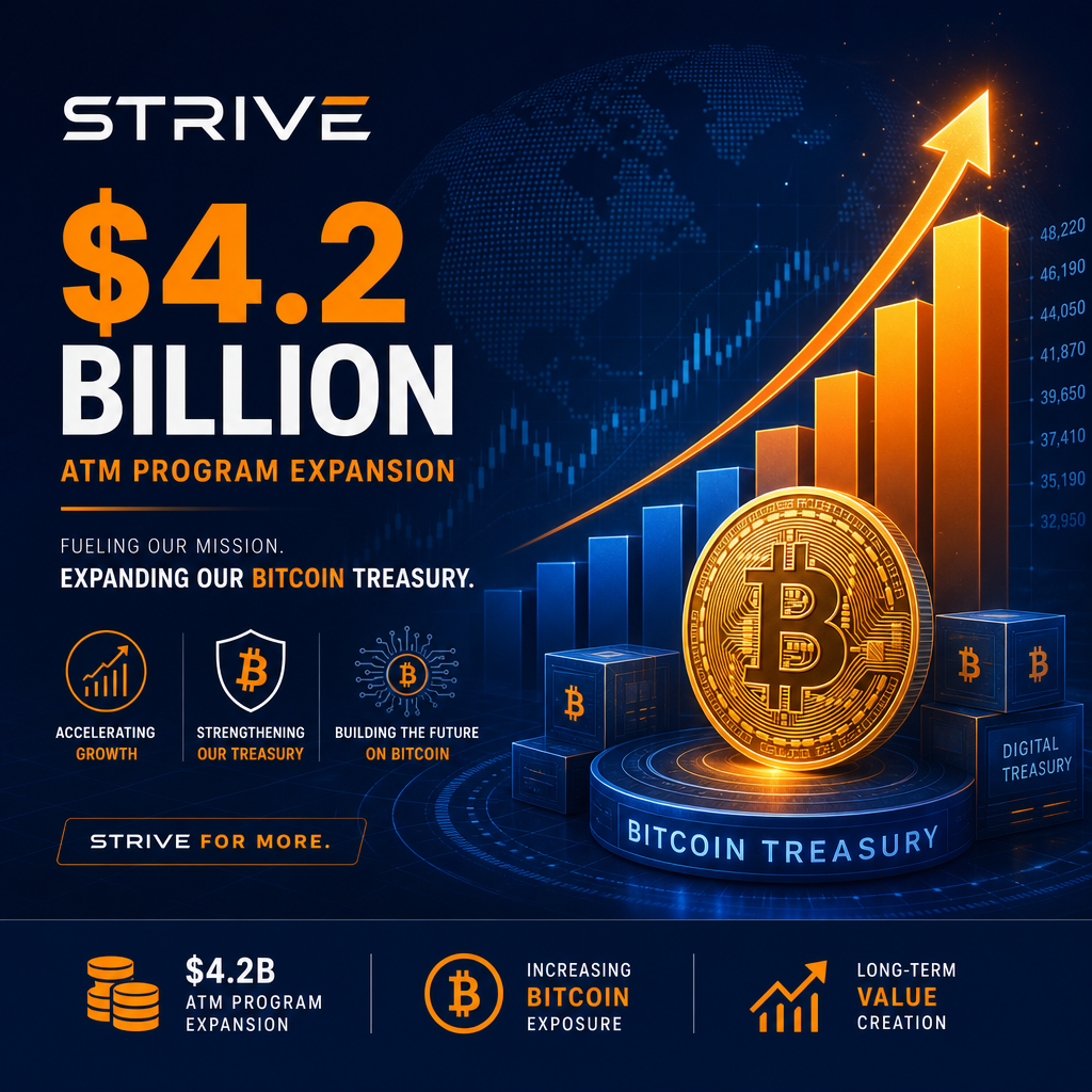 **SEO Optimized Alt-Text:** Sleek, modern header image in Strive’s brand colors—vibrant orange, dark blue, and midnight blue—showcasing ascending bar graphs, upward arrows, abstract Bitcoin symbols, and digital treasury motifs. The design visually represents bold financial growth and innovation, with subtle stock market references and futuristic elements, highlighting Strive’s $4.2 billion ATM program expansion into Bitcoin treasury. Clean and professional, ideal for corporate finance and cryptocurrency themes.