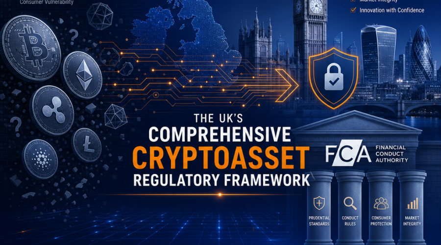 **SEO Alt-Text:** Modern blog header image illustrating the UK’s comprehensive cryptoasset regulatory framework; features stylized digital coins and blockchain symbols blended with iconic UK imagery, including the silhouette of the UK map and London landmarks, on deep dark blue and midnight blue backgrounds (#000D43, #021B88), with vibrant orange (#FF9811) accents. A digital grid and circuitry visually connect crypto symbols to traditional financial pillars, reflecting the transition from unregulated to regulated environments and the authoritative role of the FCA in UK crypto regulation.