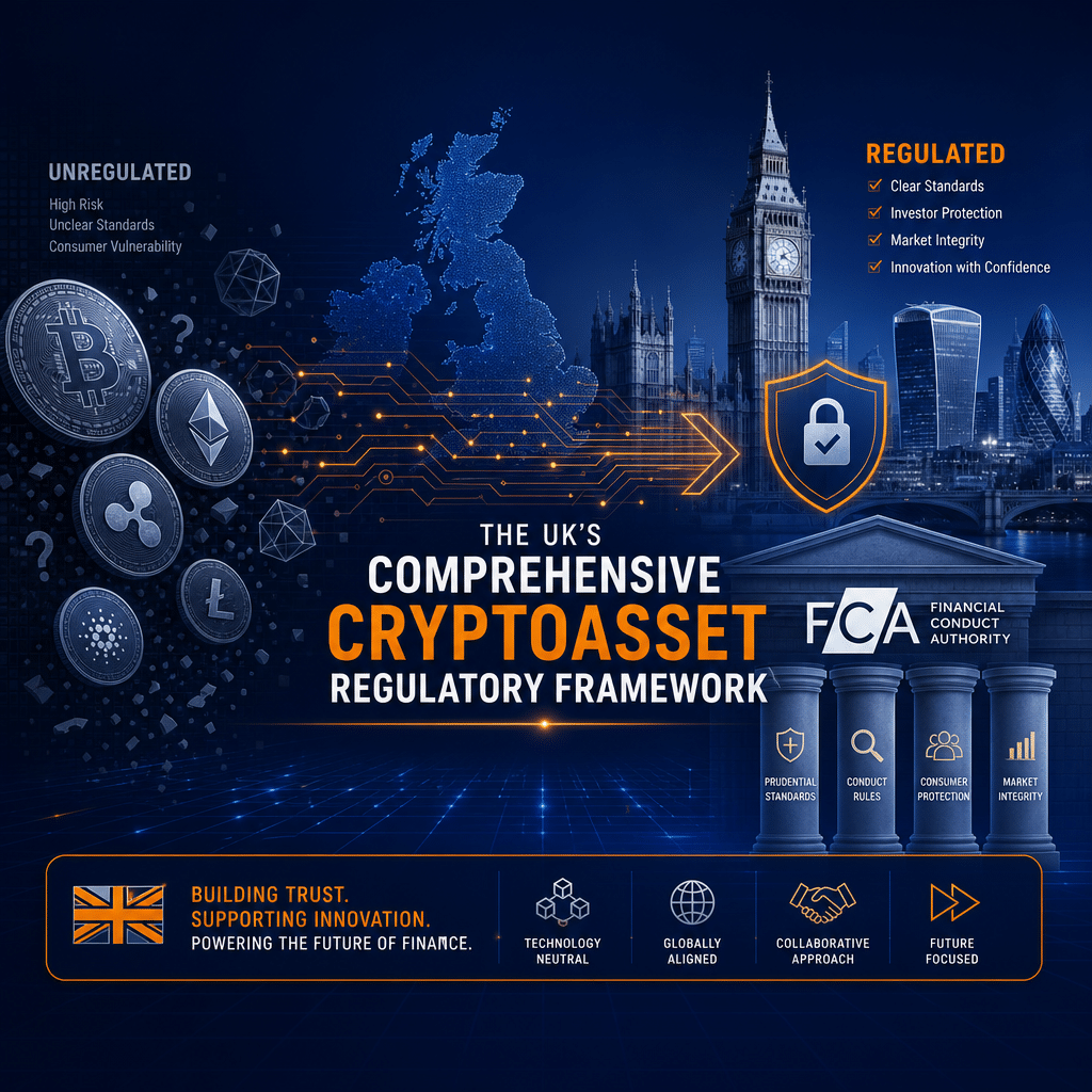 **SEO Alt-Text:** Modern blog header image illustrating the UK’s comprehensive cryptoasset regulatory framework; features stylized digital coins and blockchain symbols blended with iconic UK imagery, including the silhouette of the UK map and London landmarks, on deep dark blue and midnight blue backgrounds (#000D43, #021B88), with vibrant orange (#FF9811) accents. A digital grid and circuitry visually connect crypto symbols to traditional financial pillars, reflecting the transition from unregulated to regulated environments and the authoritative role of the FCA in UK crypto regulation.