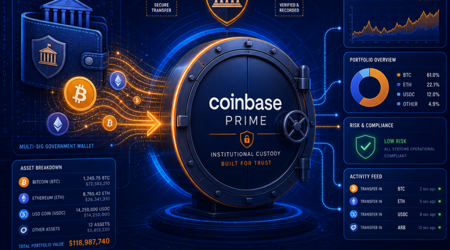 **SEO Alt-Text:** Modern digital illustration (1200x628) depicting a stylized blockchain network with Bitcoin and Ethereum icons connecting a simplified US courthouse symbol to a secure "Coinbase Prime" institutional vault. Visualizes cryptocurrency assets flowing from a government wallet, featuring real-time asset monitoring and transfer with digital data effects and tracking lines. Dominated by Coinbase’s brand colors: orange (#FF9811), dark blue (#000D43), and midnight blue (#021B88), evoking trust and professionalism in a unique designer style for a fintech blog.