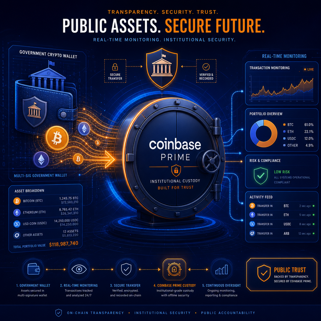 **SEO Alt-Text:** Modern digital illustration (1200x628) depicting a stylized blockchain network with Bitcoin and Ethereum icons connecting a simplified US courthouse symbol to a secure "Coinbase Prime" institutional vault. Visualizes cryptocurrency assets flowing from a government wallet, featuring real-time asset monitoring and transfer with digital data effects and tracking lines. Dominated by Coinbase’s brand colors: orange (#FF9811), dark blue (#000D43), and midnight blue (#021B88), evoking trust and professionalism in a unique designer style for a fintech blog.