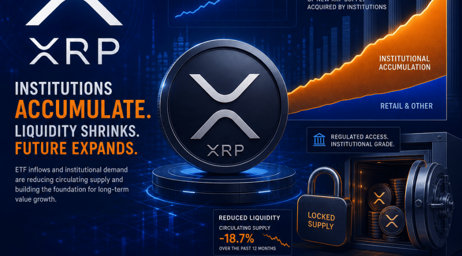 **SEO-Focused Alt-Text:** Modern digital illustration sized 1200x628 pixels featuring the XRP logo prominently displayed alongside stylized ETF graphs and dynamic financial fund flow visuals. The design shows a growing portion of XRP being accumulated by institutional entities, with abstract elements representing digital assets and regulated finance. Subtle chart graphics and imagery of locked tokens signify reduced trade liquidity. The image incorporates a sleek color scheme of orange (#FF9811), dark blue (#000D43), and midnight blue (#021B88) for an authoritative, professional appearance, aligning with finance and cryptocurrency branding. Perfect for a blog post on institutional XRP accumulation and ETF trends.
