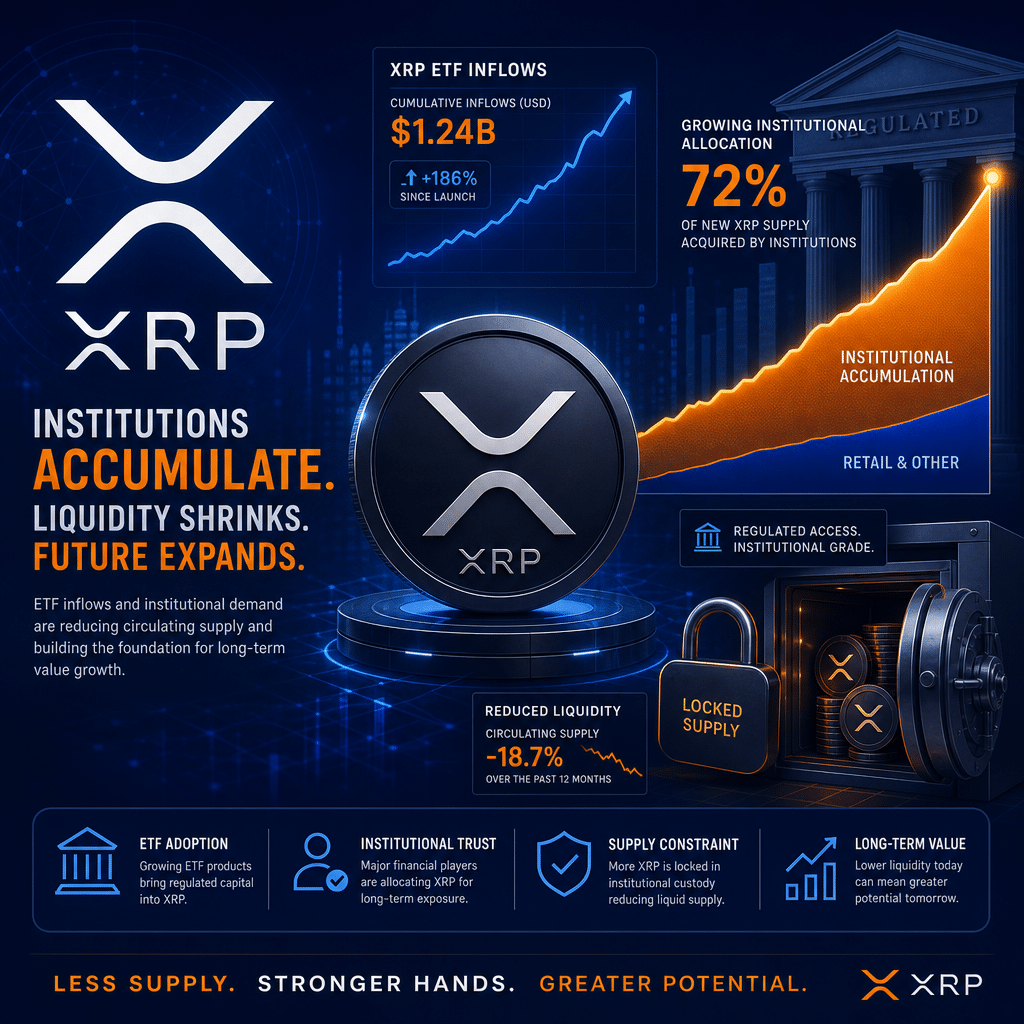**SEO-Focused Alt-Text:** Modern digital illustration sized 1200x628 pixels featuring the XRP logo prominently displayed alongside stylized ETF graphs and dynamic financial fund flow visuals. The design shows a growing portion of XRP being accumulated by institutional entities, with abstract elements representing digital assets and regulated finance. Subtle chart graphics and imagery of locked tokens signify reduced trade liquidity. The image incorporates a sleek color scheme of orange (#FF9811), dark blue (#000D43), and midnight blue (#021B88) for an authoritative, professional appearance, aligning with finance and cryptocurrency branding. Perfect for a blog post on institutional XRP accumulation and ETF trends.
