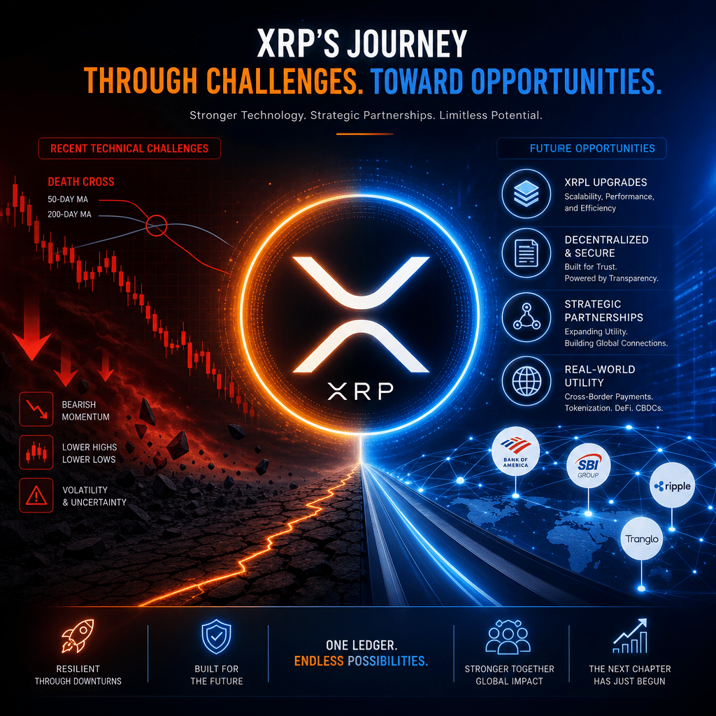 **SEO Alt-Text for Your Feature Image:** Modern, sleek blog feature image showing a glowing XRP logo at the center, with a dark blue to midnight blue gradient background highlighted by orange accents; the left side displays bearish crypto symbols like downward trend arrows, candlestick charts, and a stylized death cross, while the right side features optimistic icons such as digital ledger graphics, secure network connections, partnership handshakes, and network upgrade symbols, visually representing XRP’s challenges and future blockchain opportunities for a professional financial blog.