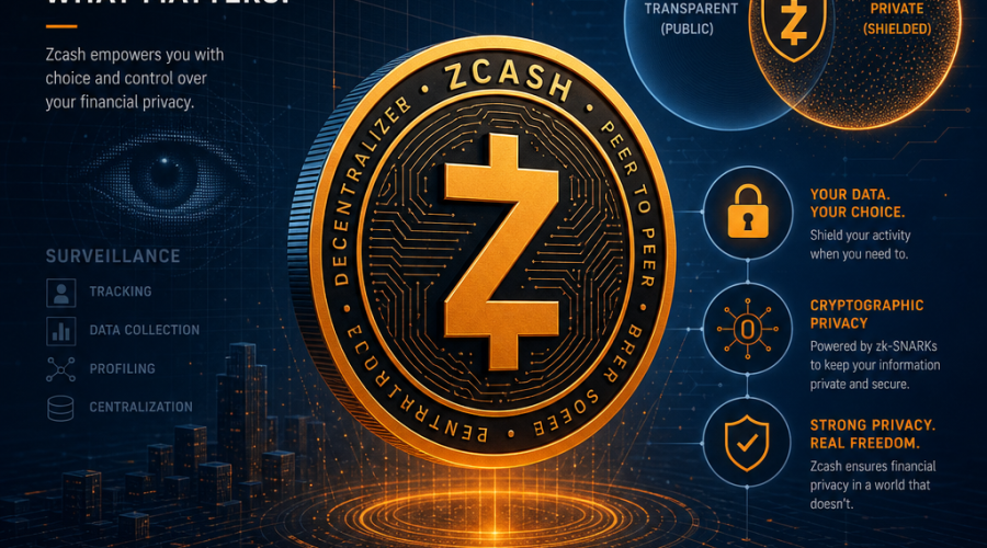 **SEO Alt-text:** Modern digital illustration themed around privacy-focused cryptocurrency, featuring a stylized Zcash (ZEC) coin with circuit patterns and cryptographic motifs such as digital locks and overlapping opaque circles. The artwork uses a sleek, fintech-inspired design with a dark blue to midnight blue gradient background, accented by vibrant orange (#FF9811) highlights. Subtle surveillance elements like lines and grids contrast with symbols of encryption, representing Zcash’s strong stance on privacy and innovation in the digital finance landscape. Optimized for use by fintech and blockchain brands.