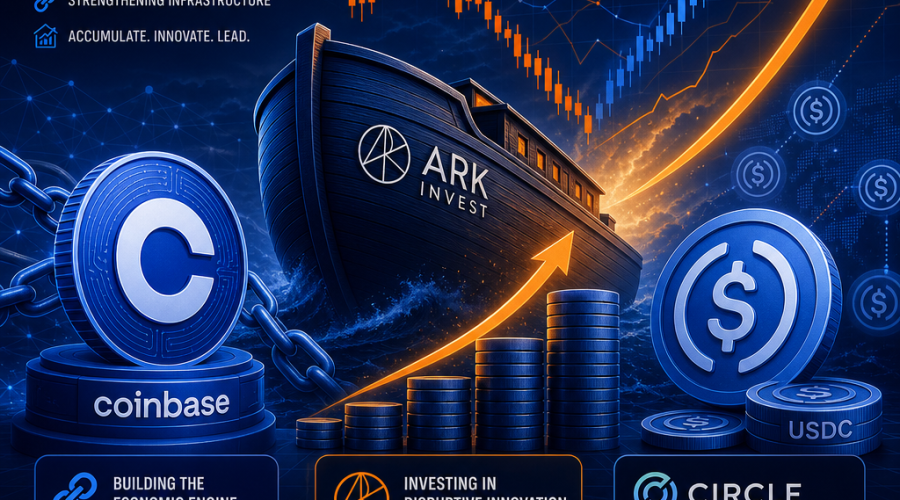 **SEO Alt-text:** Modern fintech illustration in 1200x628px featuring Ark Invest’s abstract vessel, Coinbase’s stylized coin and blockchain links, and Circle’s USDC stablecoin icons in the foreground, set against a dynamic background of rising and falling candlestick charts and graphs. Upward arrows and stacked coins symbolize strategic accumulation and confidence during market volatility. Illustration uses Orange (#FF9811), Dark Blue (#000D43), and Midnight Blue (#021B88) brand colors, visually representing resilience and long-term growth in the digital asset infrastructure sector.