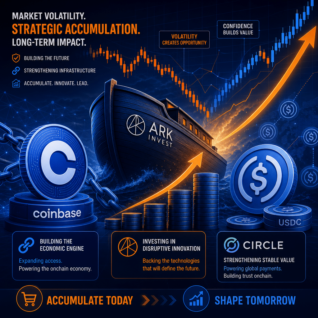 **SEO Alt-text:** Modern fintech illustration in 1200x628px featuring Ark Invest’s abstract vessel, Coinbase’s stylized coin and blockchain links, and Circle’s USDC stablecoin icons in the foreground, set against a dynamic background of rising and falling candlestick charts and graphs. Upward arrows and stacked coins symbolize strategic accumulation and confidence during market volatility. Illustration uses Orange (#FF9811), Dark Blue (#000D43), and Midnight Blue (#021B88) brand colors, visually representing resilience and long-term growth in the digital asset infrastructure sector.