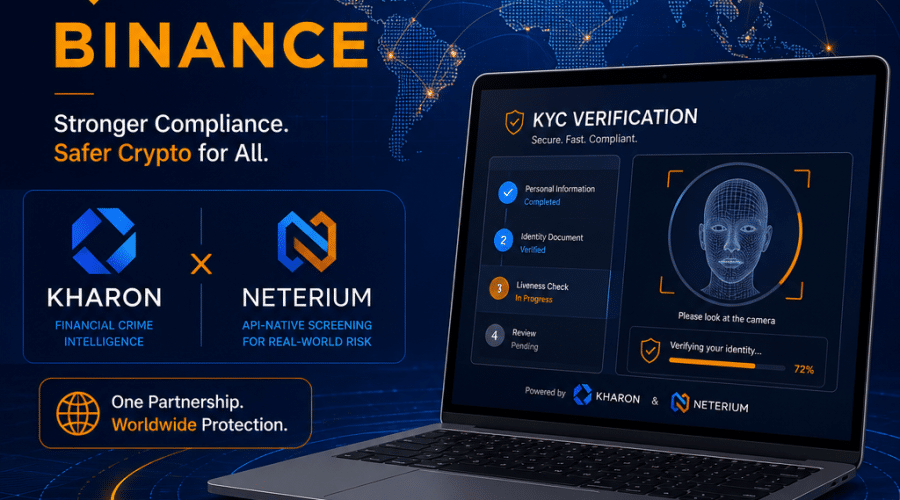 "Binance logo displayed with laptop showcasing KYC verification process, Kharon and Neterium logo to represent partnership, set against a global map illustrating worldwide operations. Elements incorporating brand colors of Orange (#FF9811), Dark Blue (#000D43), and Midnight Blue (#021B88)."