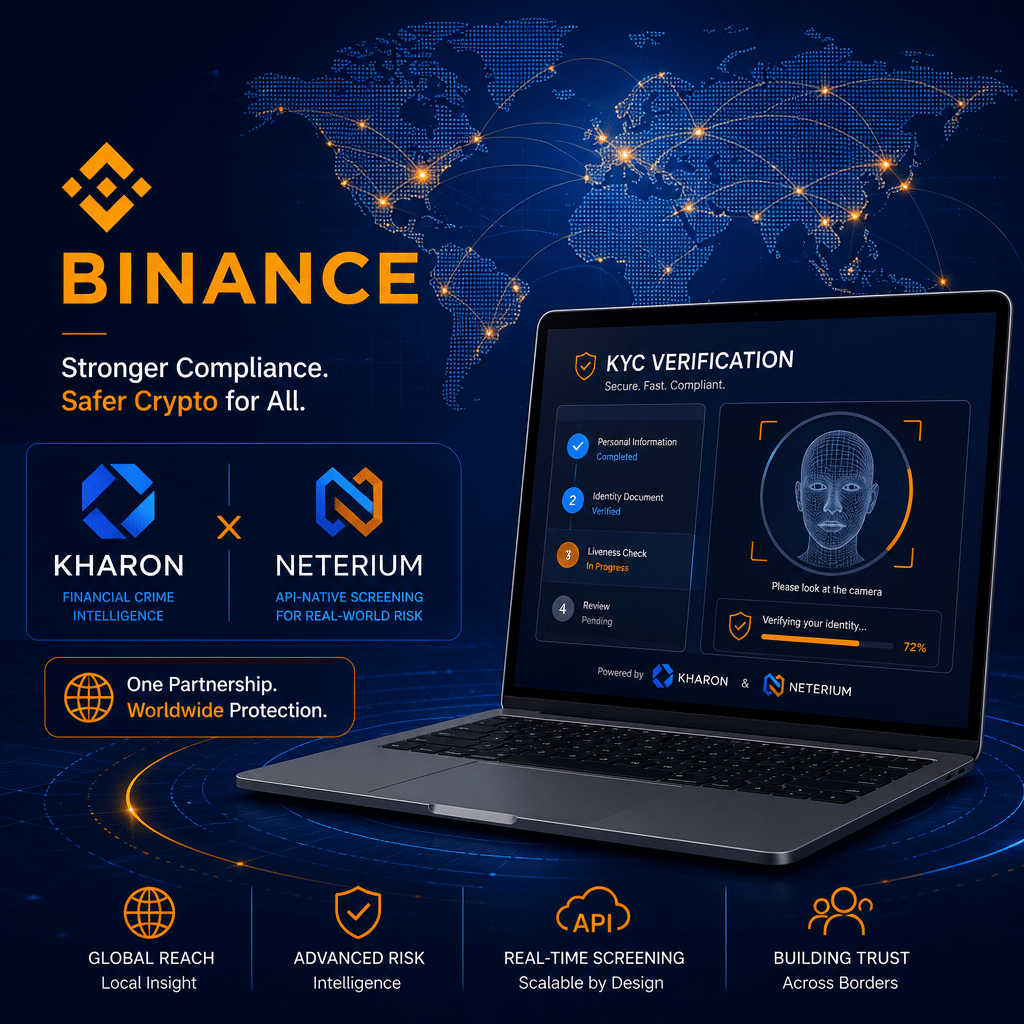 "Binance logo displayed with laptop showcasing KYC verification process, Kharon and Neterium logo to represent partnership, set against a global map illustrating worldwide operations. Elements incorporating brand colors of Orange (#FF9811), Dark Blue (#000D43), and Midnight Blue (#021B88)."