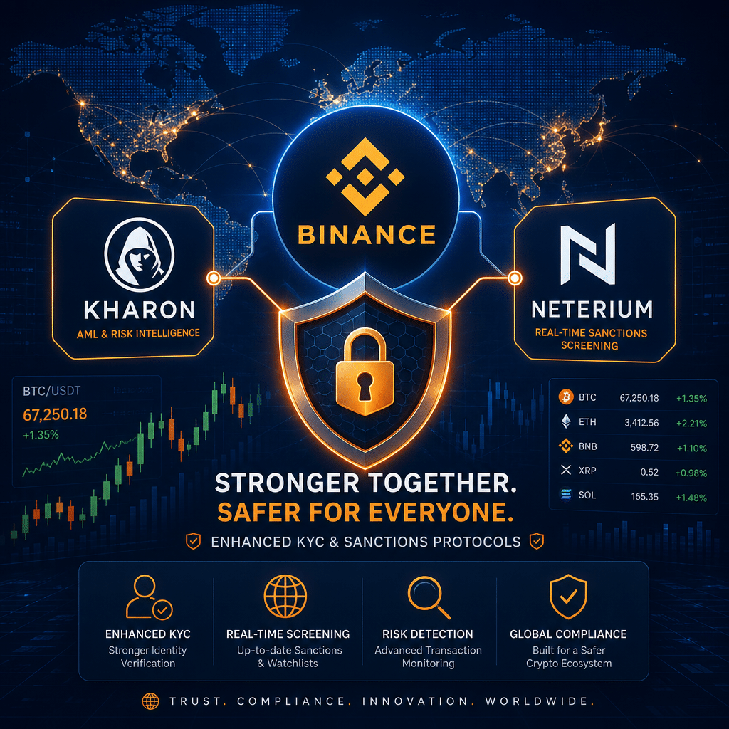 "Dark Blue Binance Logo interacting with Kharon and Neterium logos, enhancing KYC and sanctions protocols through a powerful security shield, reflecting their strong global presence on a world map background with subtle cryptocurrency trading elements. Decorating image with brand-orange, dark-blue, and midnight-blue for impactful visualization. Image size 1200 x 628 pixels."
