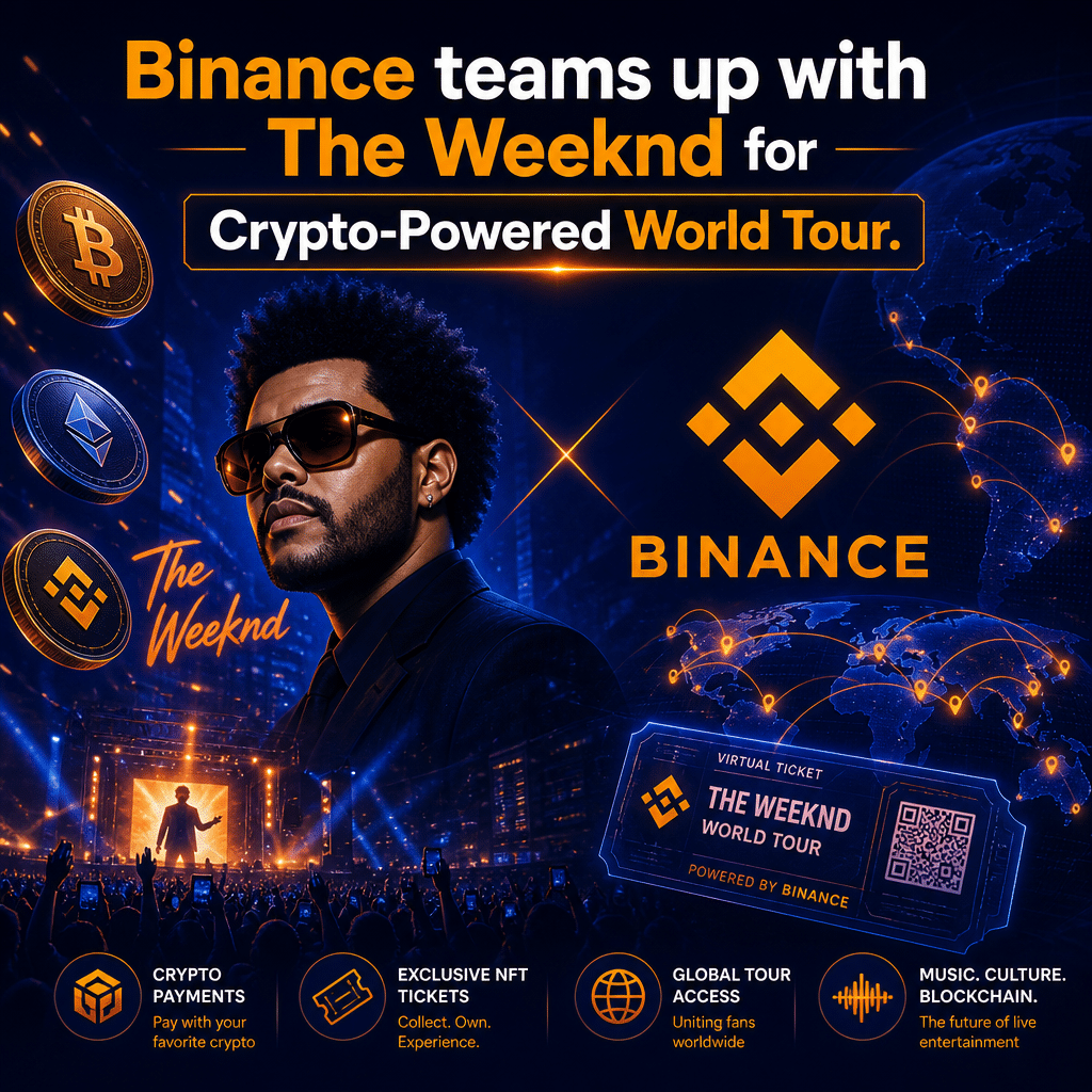 "Artist The Weeknd and the Binance logo side by side, representing their collaboration on a crypto-powered world tour. Enclosing symbols such as global audience, cryptocurrency coins, live music, and virtual tickets highlight the worldwide approach. Dark Blue, Midnight Blue, and Orange accents against the text 'Binance teams up with The Weeknd for Crypto-Powered World Tour' signifies the brands associated."