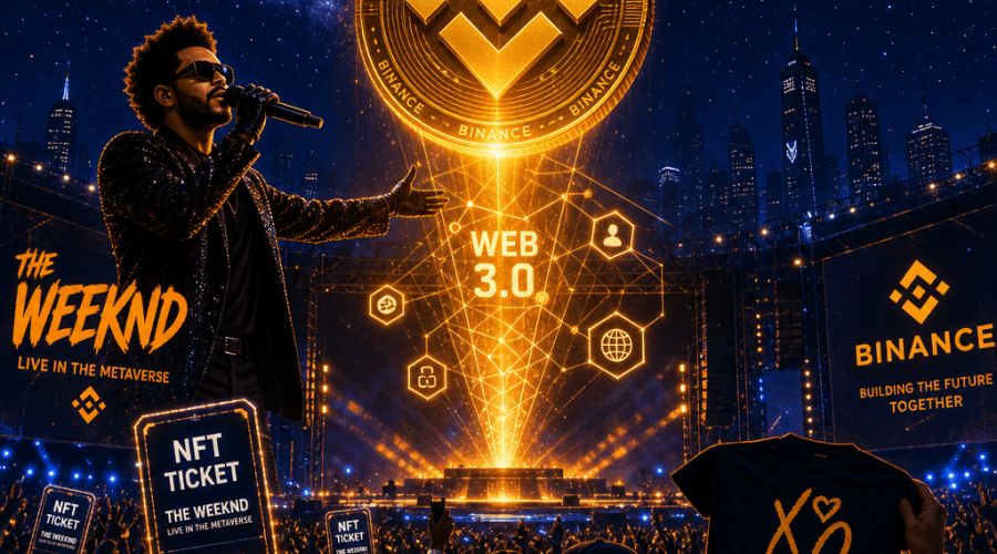 "Music concert stage under a starry sky with a 3D golden Binance coin, The Weeknd performing live, fans with NFT tickets, and Web 3.0 symbol connecting The Weeknd and Binance coin, in the brand colors Orange, Dark Blue, and Midnight Blue, 1200x628 pixels."