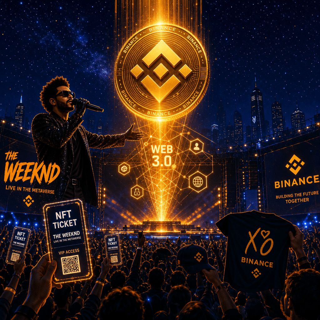 "Music concert stage under a starry sky with a 3D golden Binance coin, The Weeknd performing live, fans with NFT tickets, and Web 3.0 symbol connecting The Weeknd and Binance coin, in the brand colors Orange, Dark Blue, and Midnight Blue, 1200x628 pixels."