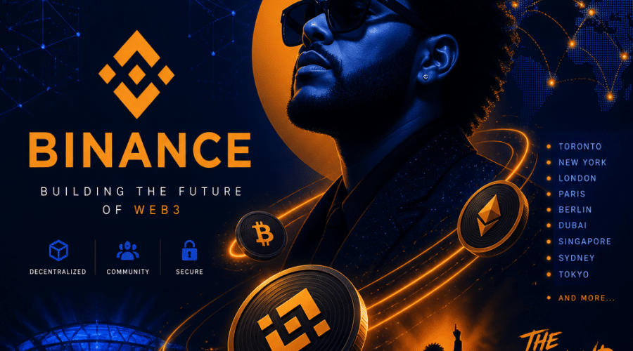 "SEO alt-text: Binance logo and a stylized depiction of The Weekend artist, along with abstract cryptocurrency imagery and concert elements, presented in a minimalist style. The graphics subtly incorporate Web 3.0 and global tour signals, using a colour scheme of Orange (#FF9811), Dark Blue (#000D43), and Midnight Blue (#021B88). Image dimensions: 1200 x 628 pixels."