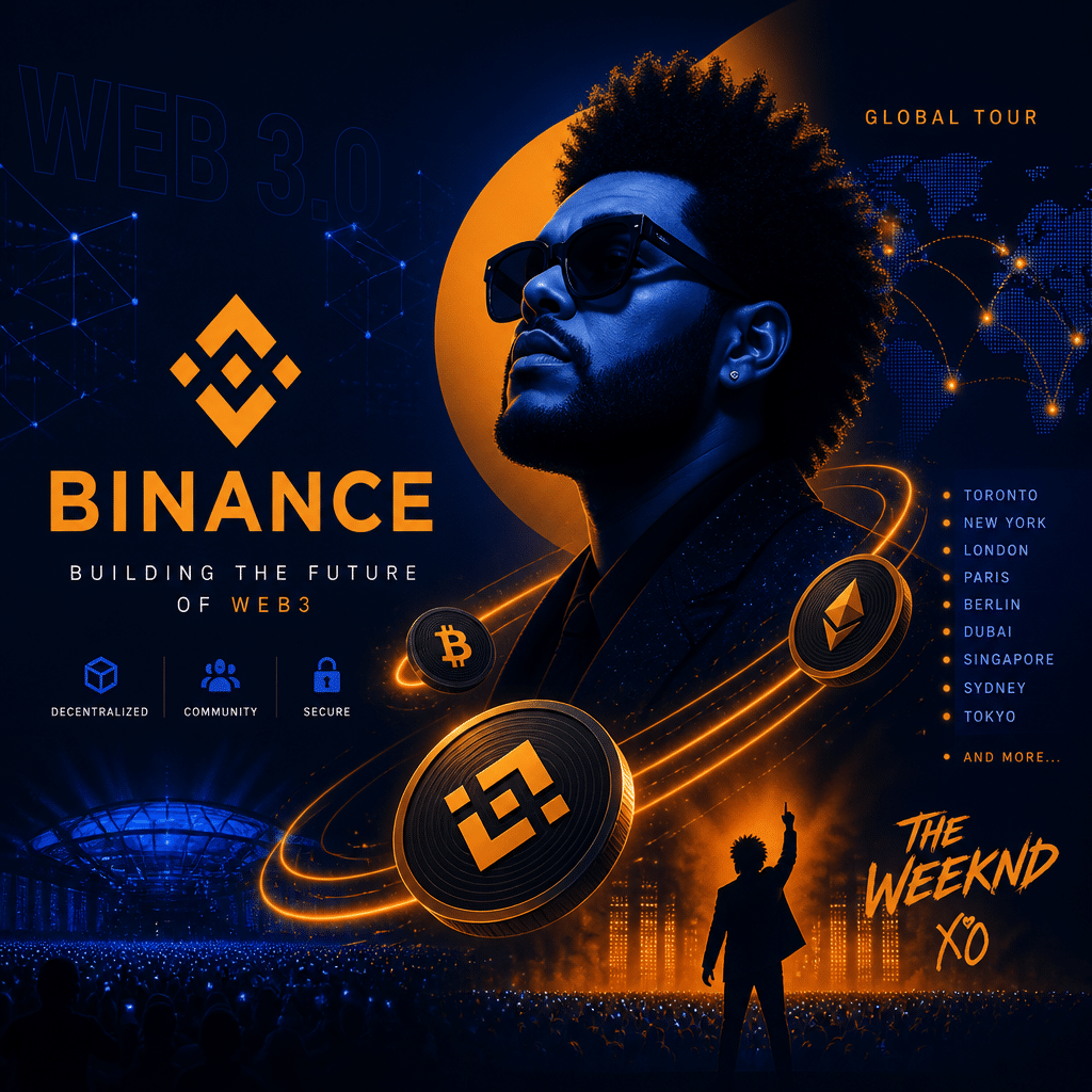 "SEO alt-text: Binance logo and a stylized depiction of The Weekend artist, along with abstract cryptocurrency imagery and concert elements, presented in a minimalist style. The graphics subtly incorporate Web 3.0 and global tour signals, using a colour scheme of Orange (#FF9811), Dark Blue (#000D43), and Midnight Blue (#021B88). Image dimensions: 1200 x 628 pixels."