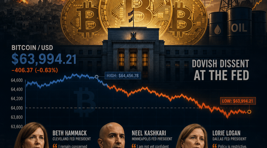 "Bitcoin coins with fluctuating value chart in dark blue and orange, contrasting the Federal Reserve silhouette, symbolizing its influence on recent price drop below $64,000 from above $64,400. Portraying Cleveland Fed President Beth Hammack, Minneapolis Fed President Neel Kashkari, and Dallas Fed President Lorie Logan's dissent through symbolic representations. Subtle undertones of Middle East conflict and rising oil prices in the background, reflecting their impact on the global economy."