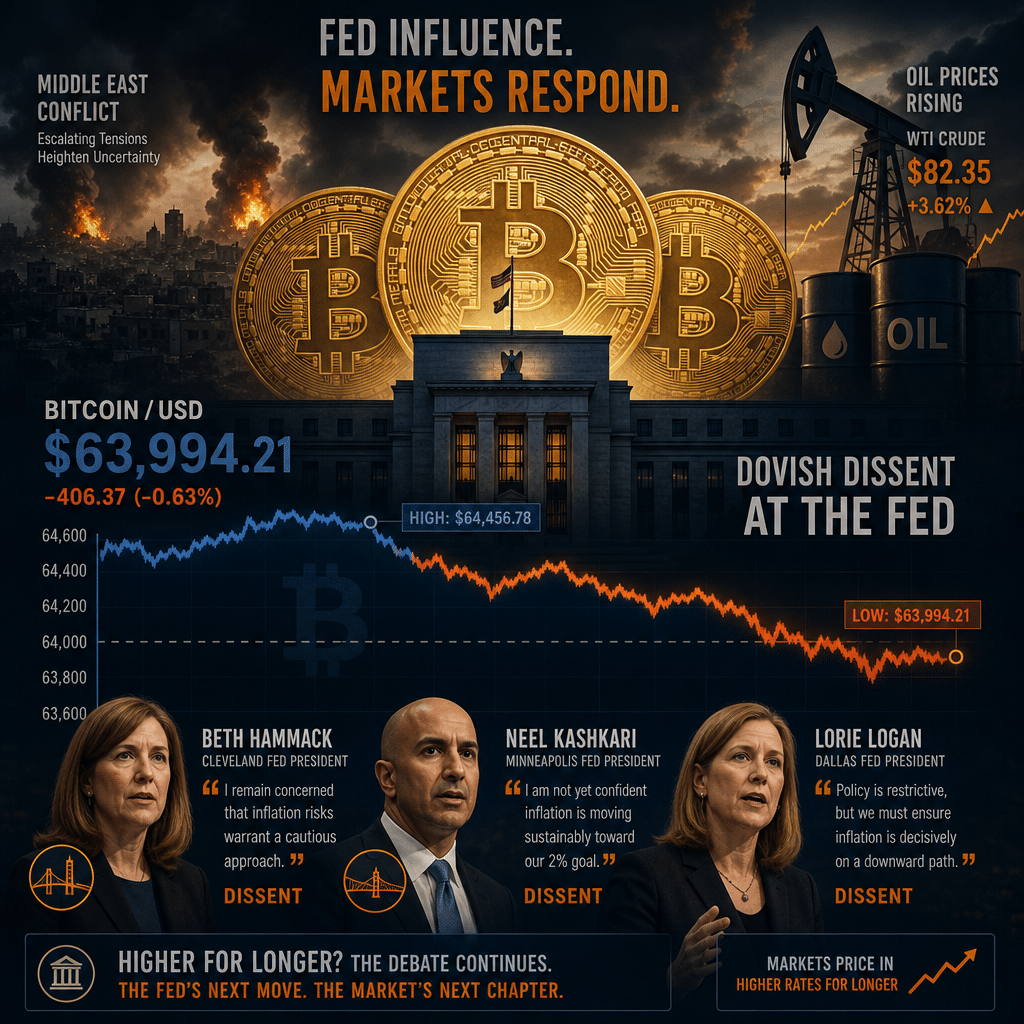 "Bitcoin coins with fluctuating value chart in dark blue and orange, contrasting the Federal Reserve silhouette, symbolizing its influence on recent price drop below $64,000 from above $64,400. Portraying Cleveland Fed President Beth Hammack, Minneapolis Fed President Neel Kashkari, and Dallas Fed President Lorie Logan's dissent through symbolic representations. Subtle undertones of Middle East conflict and rising oil prices in the background, reflecting their impact on the global economy."