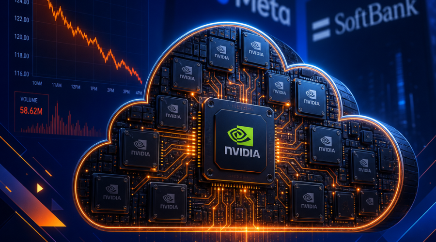 **SEO Alt-text:** Modern digital illustration of a central stylized cloud formed by interconnected GPU chips with glowing orange circuits, set against a midnight to dark blue gradient background. Behind the cloud, blurred silhouettes of Meta and SoftBank logos symbolize competitive pressure. To the left, an orange downward-trending digital stock chart hints at recent share volatility. The scene is framed with dynamic lighting and geometric accents in brand colors, creating a high-tech, competitive atmosphere. Optimal for articles about technology competition, GPU cloud computing, and stock market trends involving Meta and SoftBank.
