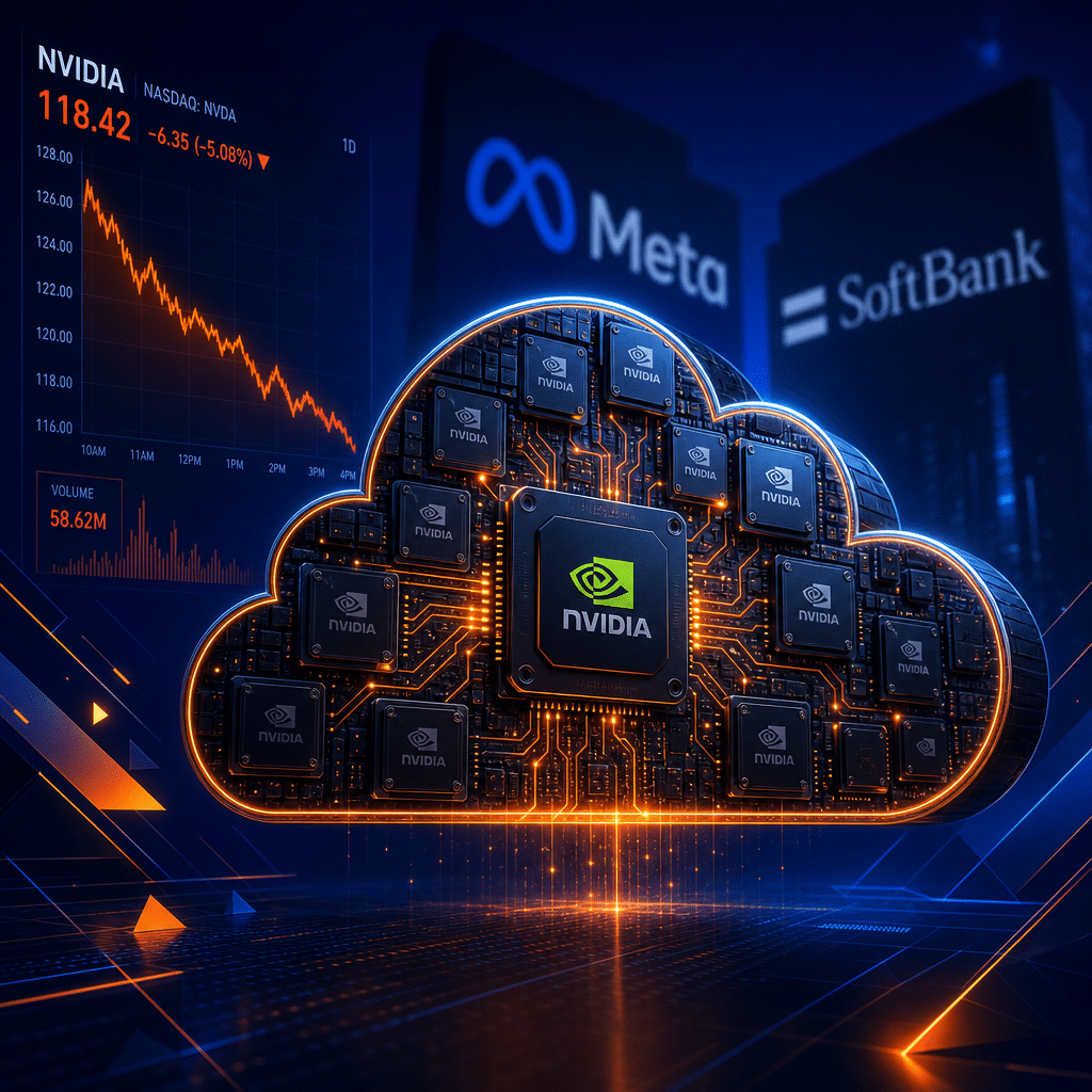 **SEO Alt-text:** Modern digital illustration of a central stylized cloud formed by interconnected GPU chips with glowing orange circuits, set against a midnight to dark blue gradient background. Behind the cloud, blurred silhouettes of Meta and SoftBank logos symbolize competitive pressure. To the left, an orange downward-trending digital stock chart hints at recent share volatility. The scene is framed with dynamic lighting and geometric accents in brand colors, creating a high-tech, competitive atmosphere. Optimal for articles about technology competition, GPU cloud computing, and stock market trends involving Meta and SoftBank.