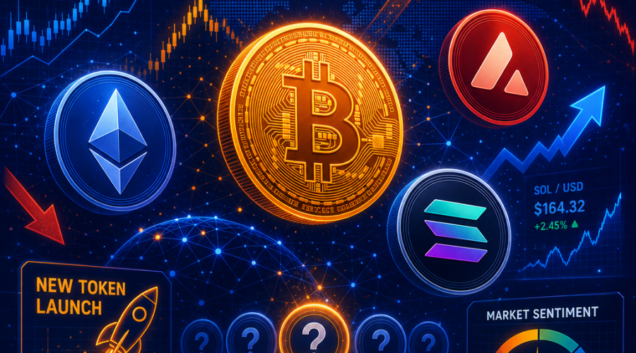 **SEO Optimized Alt-Text:** Digital illustration of major cryptocurrency symbols, including Bitcoin, Ethereum, Solana, and Avalanche, in motion against a sleek, modern dark blue and midnight blue background with vibrant orange (#FF9811) accents. The image features dynamic price charts, upward and downward arrows, glowing coin icons, and subtle digital grids to visualize crypto market volatility, new token launches, and complex blockchain network connections. Perfect for a WordPress blog header about cryptocurrency trends and mixed market movements, sized 1200 x 628 pixels.