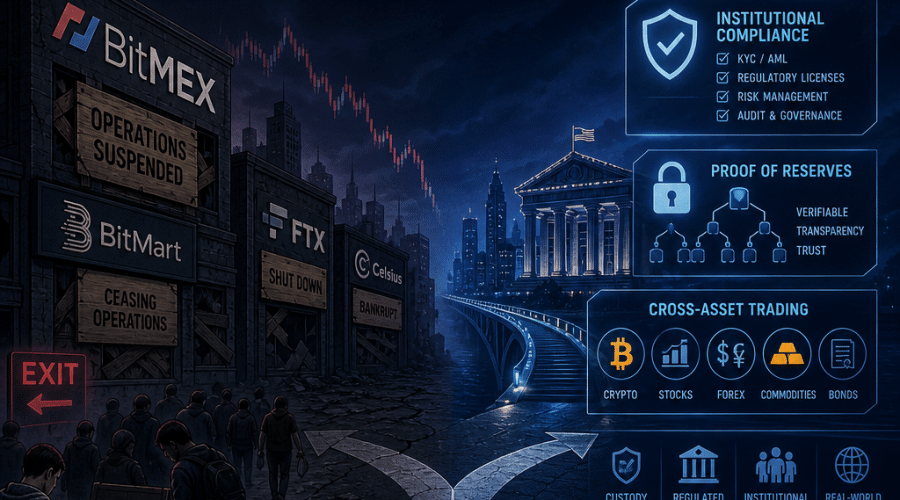 "Alt Text: Gloomy crypto trading marketplace image symbolizing BitMEX, Bitmart, and other crypto firms either boarded up or shutting down, against a gradient blend of dark and midnight blue backdrop. Fading retail audience on one side contrasts with institutional compliance, proof of reserves, and cross-asset trading symbols on the other. The text overlay 'Crypto Transition: From Freewheeling to Regulatory Compliance' in bold, orange color encapsulates the market shift."