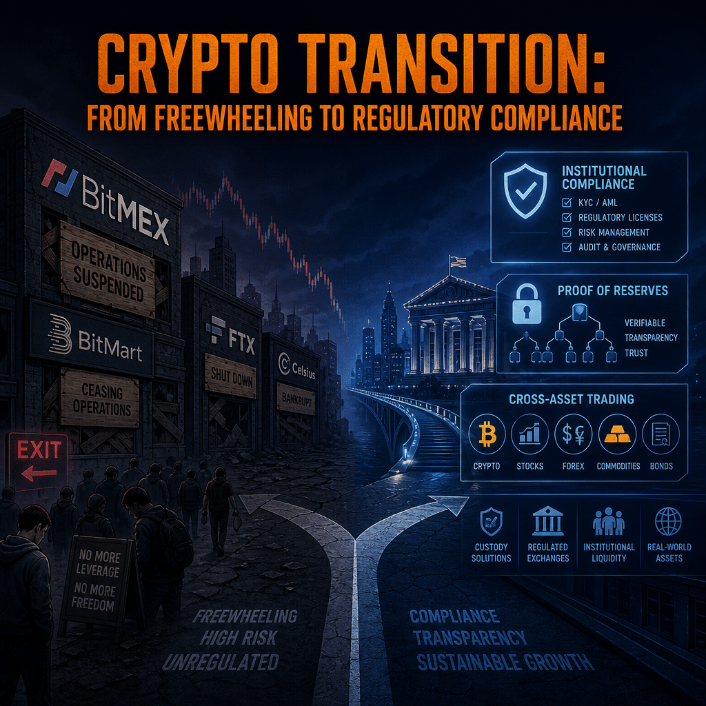 "Alt Text: Gloomy crypto trading marketplace image symbolizing BitMEX, Bitmart, and other crypto firms either boarded up or shutting down, against a gradient blend of dark and midnight blue backdrop. Fading retail audience on one side contrasts with institutional compliance, proof of reserves, and cross-asset trading symbols on the other. The text overlay 'Crypto Transition: From Freewheeling to Regulatory Compliance' in bold, orange color encapsulates the market shift."