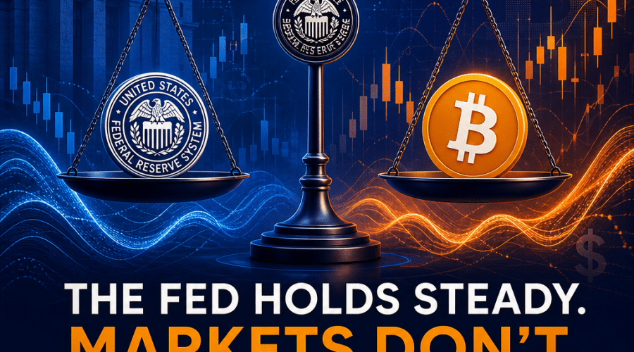 **Great SEO Alt-Text:** Modern blog header image (1200x628px) with brand colors (orange #FF9811, dark blue #000D43, midnight blue #021B88), depicting the Federal Reserve’s steady interest rate decision and its impact on volatile markets. Features a balancing scale, with the Federal Reserve symbol on one side and a Bitcoin logo on the other, surrounded by abstract financial market waves, candlestick chart lines, and dollar symbols. The background uses blue gradients and orange highlights to emphasize tension and uncertainty in both traditional finance and cryptocurrency markets, creating a professional, dynamic financial scene.