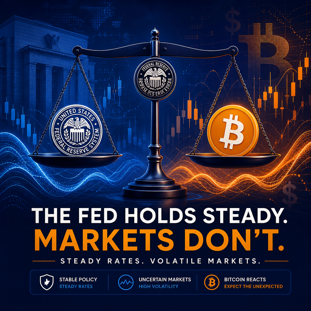 **Great SEO Alt-Text:** Modern blog header image (1200x628px) with brand colors (orange #FF9811, dark blue #000D43, midnight blue #021B88), depicting the Federal Reserve’s steady interest rate decision and its impact on volatile markets. Features a balancing scale, with the Federal Reserve symbol on one side and a Bitcoin logo on the other, surrounded by abstract financial market waves, candlestick chart lines, and dollar symbols. The background uses blue gradients and orange highlights to emphasize tension and uncertainty in both traditional finance and cryptocurrency markets, creating a professional, dynamic financial scene.