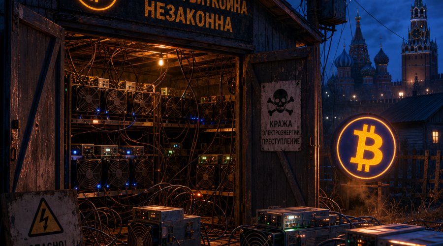 SEO Alt-Text: Illustration of illegal bitcoin mining in Russia, featuring a dimly-lit rural garage with glowing orange and dark blue Bitcoin symbols, surrounded by ASIC mining machines and tangled wires. Flickering power lines and a subtle silhouette of Russian architecture appear in the background. The image uses the brand colors #FF9811, #000D43, and #021B88 to create a cohesive, modern design that highlights the technological and disruptive nature of underground cryptocurrency operations in rural Russia.