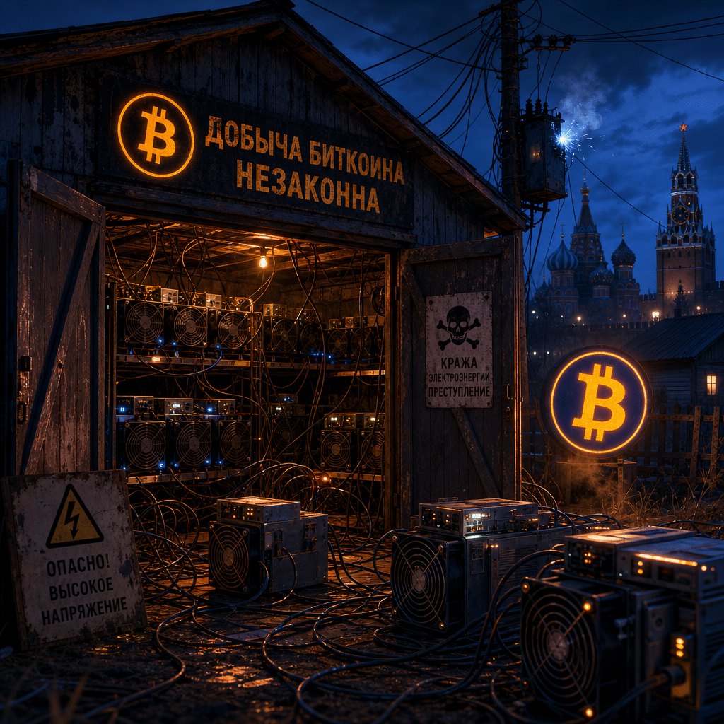 SEO Alt-Text: Illustration of illegal bitcoin mining in Russia, featuring a dimly-lit rural garage with glowing orange and dark blue Bitcoin symbols, surrounded by ASIC mining machines and tangled wires. Flickering power lines and a subtle silhouette of Russian architecture appear in the background. The image uses the brand colors #FF9811, #000D43, and #021B88 to create a cohesive, modern design that highlights the technological and disruptive nature of underground cryptocurrency operations in rural Russia.