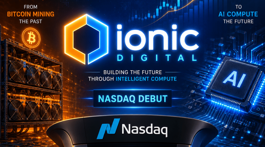 "SEO optimized image illustrating a bright Ionic Digital logo atop a rising stock growth chart, with a realistic bitcoin miner machine and AI chip on opposing sides, demonstrating the company's strategic pivot. A tasteful blend of the brand's dominant colors of orange and two shades of blue are used. The Nasdaq debut is highlighted with the inclusion of the Nasdaq logo. Image size is 1200 x 628."
