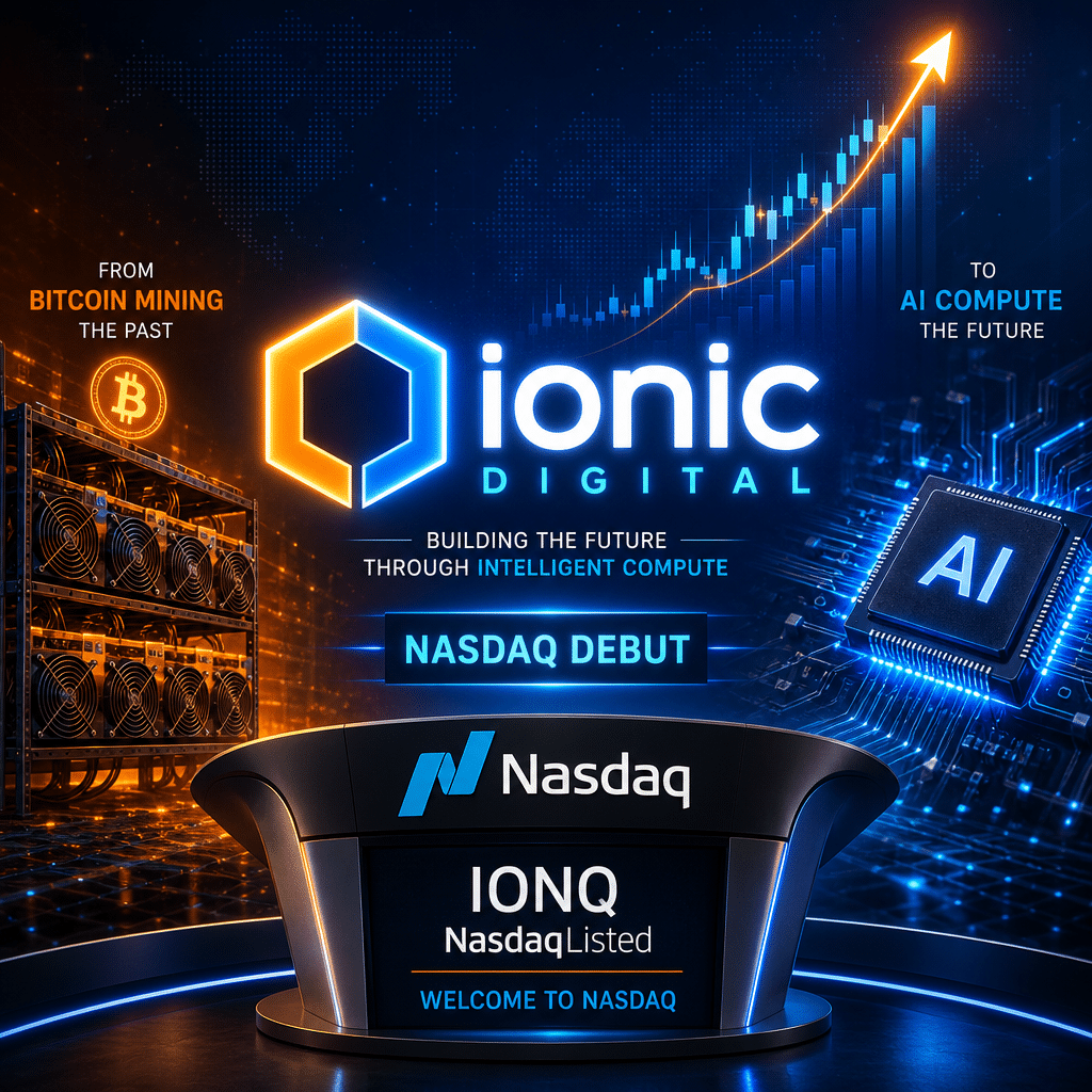 "SEO optimized image illustrating a bright Ionic Digital logo atop a rising stock growth chart, with a realistic bitcoin miner machine and AI chip on opposing sides, demonstrating the company's strategic pivot. A tasteful blend of the brand's dominant colors of orange and two shades of blue are used. The Nasdaq debut is highlighted with the inclusion of the Nasdaq logo. Image size is 1200 x 628."