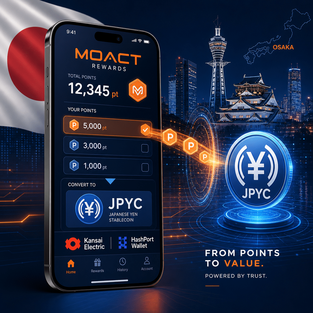 "Stylish smartphone showcasing the MOACT rewards app, highlighting the conversion of loyalty points into JPYC stablecoin. Visible are the Kansai Electric logo and HashPort Wallet symbol on the interface. Hints of the Osaka skyline and Japanese flag in the background reflect the country of origin, elegantly depicted in brand colors of orange, dark blue and midnight blue."