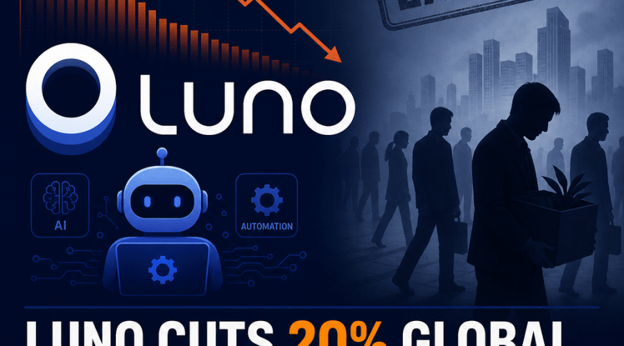 "SEO alt text: Dark blue graphic showing Luno logo, downward trend chart in orange representing job cuts, and automated bot symbol in midnight blue implying automation against a faded workforce silhouette. Caption in bold states 'Luno Cuts 20% Global Workforce amid Trading Slump and Automation'. Image conveys corporate restructuring in the crypto industry. Size is 1200x628px."