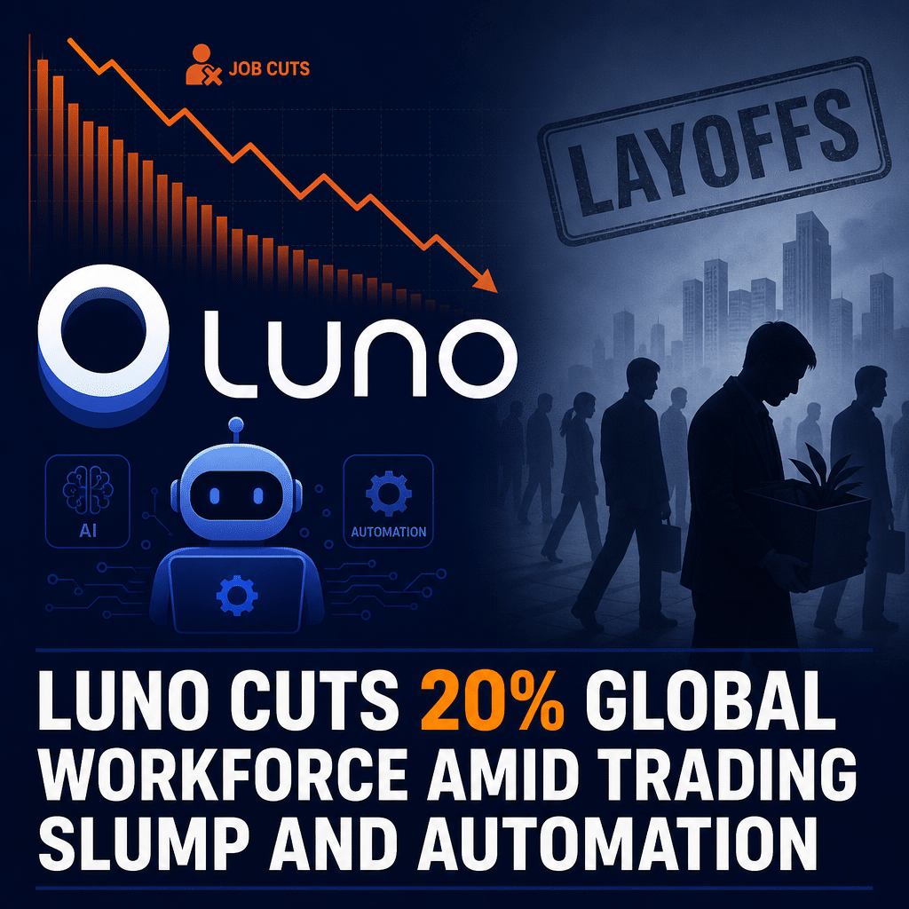 "SEO alt text: Dark blue graphic showing Luno logo, downward trend chart in orange representing job cuts, and automated bot symbol in midnight blue implying automation against a faded workforce silhouette. Caption in bold states 'Luno Cuts 20% Global Workforce amid Trading Slump and Automation'. Image conveys corporate restructuring in the crypto industry. Size is 1200x628px."