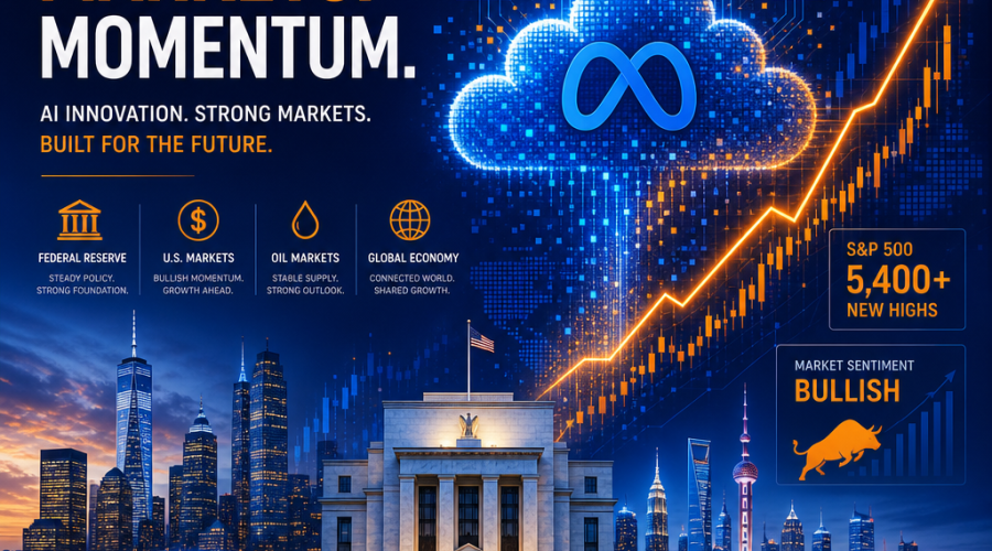 **SEO Alt-Text:** Modern financial and tech blog image sized 1200 x 628 pixels, displaying an abstract, stylized data cloud with pixelated AI and circuit patterns in bold orange (#FF9811), deep dark blue (#000D43), and midnight blue (#021B88). Meta’s logo and AI icons emerge from the cloud, blending into an upward-trending US stock market chart symbolizing bullish momentum. Visual elements subtly nod to the Federal Reserve with a central bank building and dollar sign, and reference oil market stability with a small oil drop and globe. Global city skylines and gradient branding colors highlight a professional, optimistic financial technology theme.