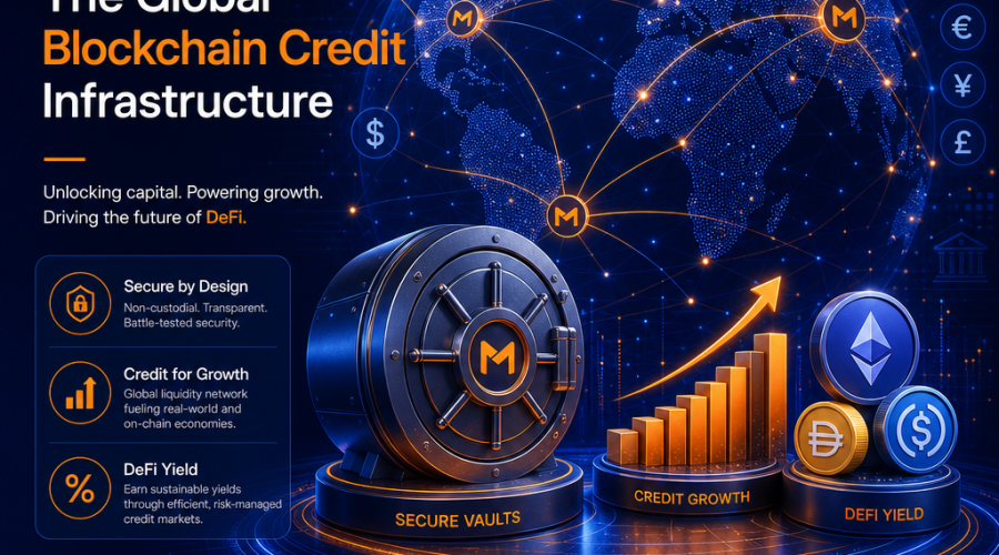 Alt-text for SEO: Modern illustrated hero image of Morpho’s global blockchain credit infrastructure, featuring a vibrant digital globe interconnected with abstract nodes and lines in brand colors orange (#FF9811), dark blue (#000D43), and midnight blue (#021B88). Foreground highlights secure digital vaults, credit growth, DeFi yield symbols, financial graphs, and currency icons, embodying innovation and sophistication. Optimized for 1200 x 628 px WordPress blog. Let me know if you’d like a more concise or detailed version!