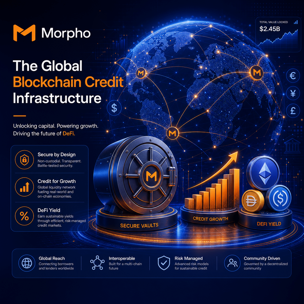 Alt-text for SEO: Modern illustrated hero image of Morpho’s global blockchain credit infrastructure, featuring a vibrant digital globe interconnected with abstract nodes and lines in brand colors orange (#FF9811), dark blue (#000D43), and midnight blue (#021B88). Foreground highlights secure digital vaults, credit growth, DeFi yield symbols, financial graphs, and currency icons, embodying innovation and sophistication. Optimized for 1200 x 628 px WordPress blog. Let me know if you’d like a more concise or detailed version!
