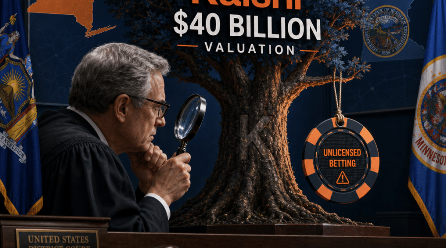 "Judge in a courtroom critically evaluating a large growing tree symbolizing the $40 Billion valuation of Kalshi with a digital gambling chip hanging from its branches, illustrating the legal issues of unlicensed betting. Prominent flags of New York and Minnesota in the background highlighting the geographical location of the legal challenges. Color palette dominated by the brand's distinct orange, dark blue, and midnight blue hues."