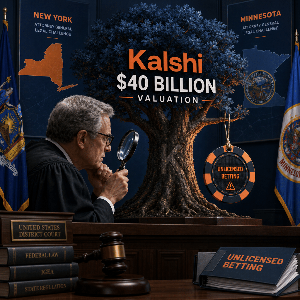 "Judge in a courtroom critically evaluating a large growing tree symbolizing the $40 Billion valuation of Kalshi with a digital gambling chip hanging from its branches, illustrating the legal issues of unlicensed betting. Prominent flags of New York and Minnesota in the background highlighting the geographical location of the legal challenges. Color palette dominated by the brand's distinct orange, dark blue, and midnight blue hues."