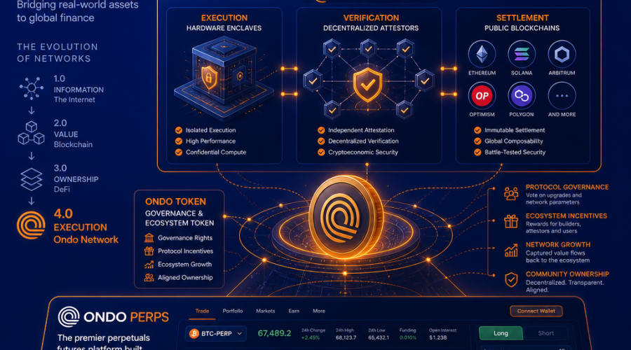 Ondo Finance Launches Ondo Network: A Game-Changing Execution Layer for Real-world Asset Blockchain 4 "Conceptual illustration showcasing the advanced execution layer of the newly launched Ondo Network, represented through an amalgamation of hardware enclaves, decentralized attestors, and public blockchains. The network symbolizes the comprehensive execution, verification, and settlement of real-world assets. Within this vivid midnight-blue backdrop lies the ONDO token, floating and suggestive of its governance and ecosystem role. The overlay depicts the Ondo Perps futures platform, the primary application built on this intricate network, highlighted in a striking hue of orange. All elements maintain the brand's color palette of dark and midnight blues with orange accents."