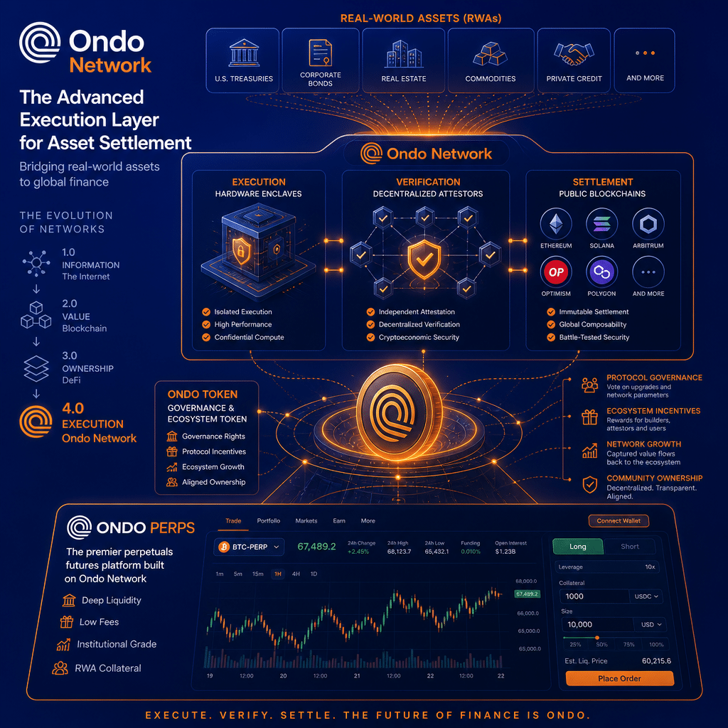 "Conceptual illustration showcasing the advanced execution layer of the newly launched Ondo Network, represented through an amalgamation of hardware enclaves, decentralized attestors, and public blockchains. The network symbolizes the comprehensive execution, verification, and settlement of real-world assets. Within this vivid midnight-blue backdrop lies the ONDO token, floating and suggestive of its governance and ecosystem role. The overlay depicts the Ondo Perps futures platform, the primary application built on this intricate network, highlighted in a striking hue of orange. All elements maintain the brand's color palette of dark and midnight blues with orange accents."
