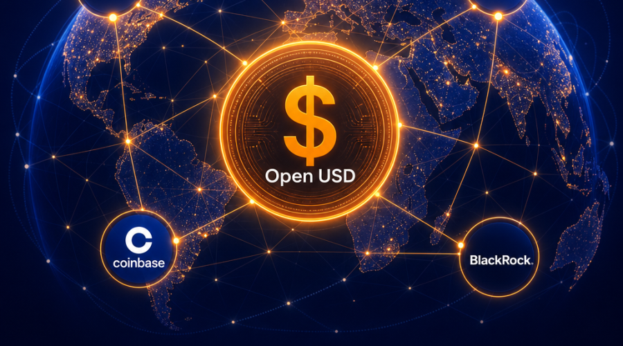 **SEO-friendly ALT text:** A sleek digital illustration sized 1200x628 pixels depicting a glowing, connected globe with vibrant network lines and nodes, representing global financial connectivity. Prominent Visa, Stripe, Coinbase, and BlackRock icons are featured at key points around the world. At the center, a stylized digital dollar coin labeled "Open USD" radiates interconnectedness. The color scheme blends orange (#FF9811), dark blue (#000D43), and midnight blue (#021B88), creating a sophisticated, modern fintech brand atmosphere.