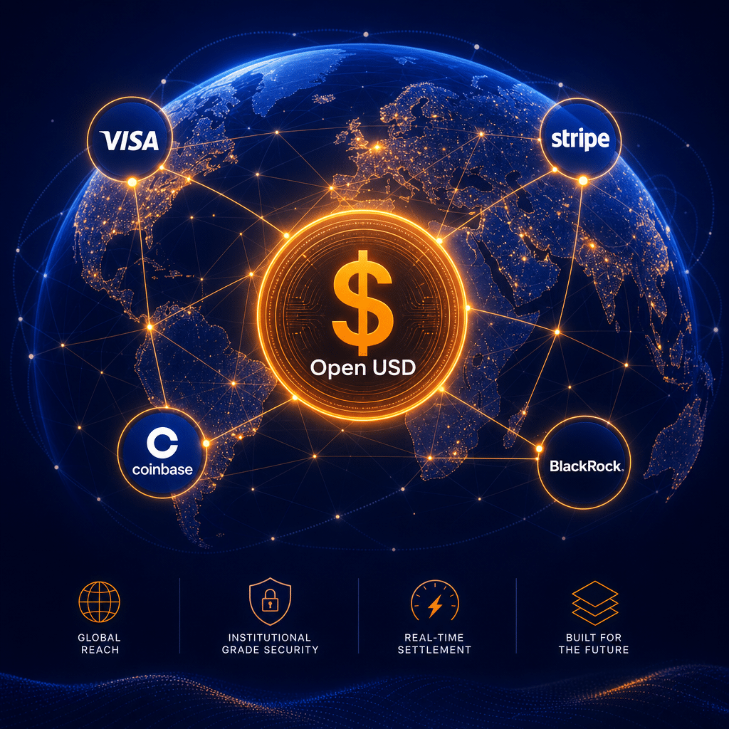 **SEO-friendly ALT text:** A sleek digital illustration sized 1200x628 pixels depicting a glowing, connected globe with vibrant network lines and nodes, representing global financial connectivity. Prominent Visa, Stripe, Coinbase, and BlackRock icons are featured at key points around the world. At the center, a stylized digital dollar coin labeled "Open USD" radiates interconnectedness. The color scheme blends orange (#FF9811), dark blue (#000D43), and midnight blue (#021B88), creating a sophisticated, modern fintech brand atmosphere.