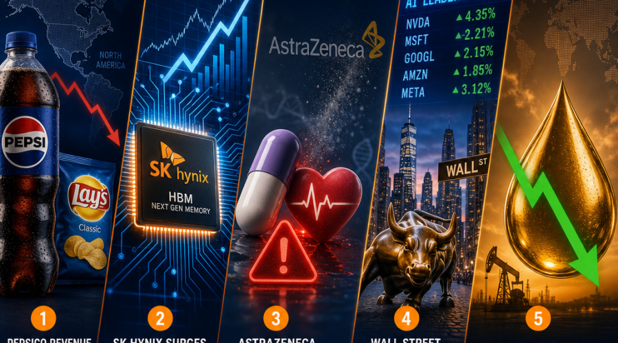 Here is a **SEO-optimized alt-text** for your described image prompt: "Modern, professional financial news blog header featuring five interconnected sections: 1) PepsiCo bottle and snack in partial shadow with a downward arrow over a North American map highlighting revenue concerns, 2) glowing SK Hynix memory chip with AI circuit patterns and upward market arrows on a U.S. stock graph, 3) stylized pill and heart icon with faded AstraZeneca logo and red hazard warning, 4) bullish Wall Street skyline with bright tech and AI stock tickers, and 5) golden oil droplet with green downward arrow indicating price relief, all unified by dynamic orange, dark blue, and midnight blue accents on a 1200x628px canvas, providing a sleek, balanced, and global summary of financial news." Let me know if you'd like a shorter or more keyword-focused version!