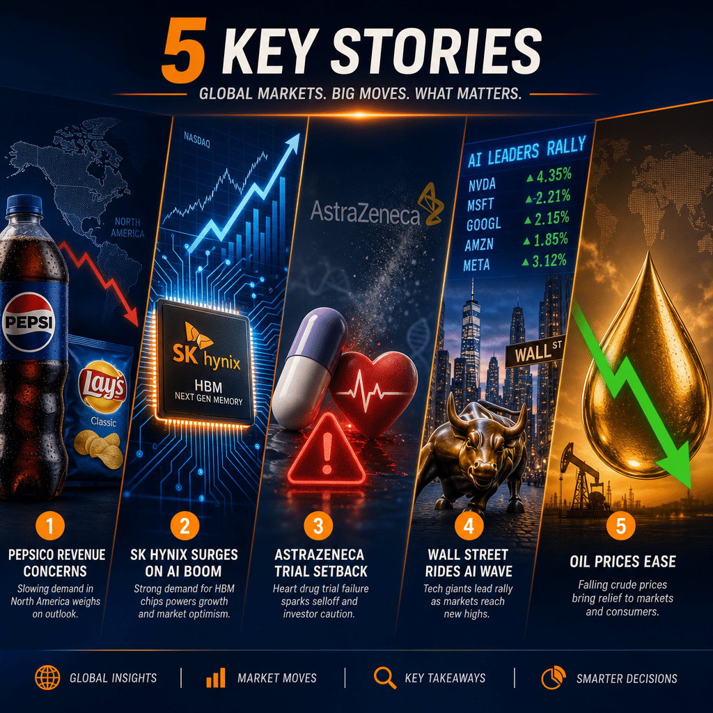 Here is a **SEO-optimized alt-text** for your described image prompt: "Modern, professional financial news blog header featuring five interconnected sections: 1) PepsiCo bottle and snack in partial shadow with a downward arrow over a North American map highlighting revenue concerns, 2) glowing SK Hynix memory chip with AI circuit patterns and upward market arrows on a U.S. stock graph, 3) stylized pill and heart icon with faded AstraZeneca logo and red hazard warning, 4) bullish Wall Street skyline with bright tech and AI stock tickers, and 5) golden oil droplet with green downward arrow indicating price relief, all unified by dynamic orange, dark blue, and midnight blue accents on a 1200x628px canvas, providing a sleek, balanced, and global summary of financial news." Let me know if you'd like a shorter or more keyword-focused version!