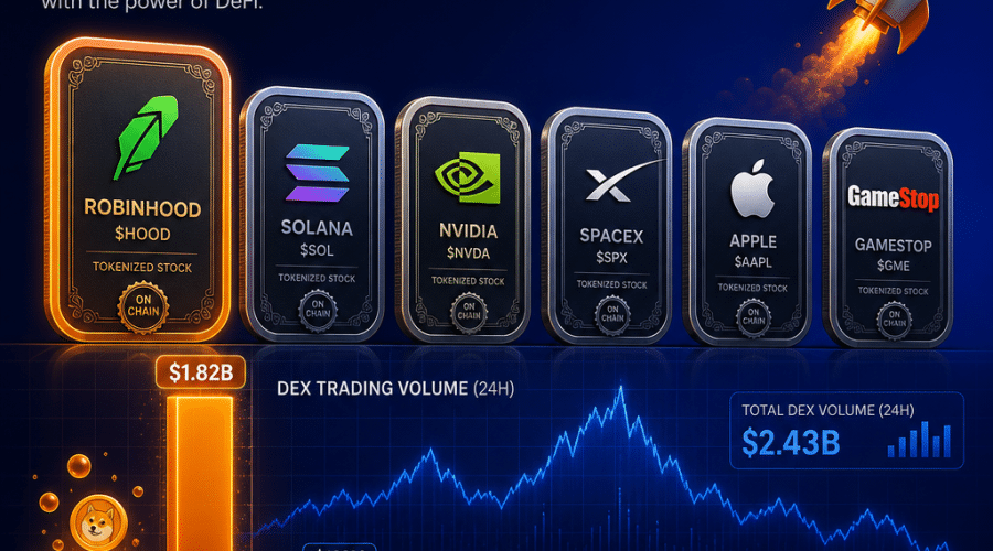 "Imaginative depiction of tokenized stocks as digital coins and stock certificates, featuring prominent trading platforms and companies including Robinhood, Solana, Nvidia, SpaceX, Apple, and GameStop. Robinhood's trading volume bar is significantly larger, illustrating high trading volume. Elements of memecoin influence are tastefully represented. The background transitions smoothly from dark blue to midnight blue, with important highlights such as Robinhood's volume bar and the memecoin symbol accentuated in orange. Our company logo is discreetly integrated at the corner. The image dimensions are 1200 x 628 pixels."