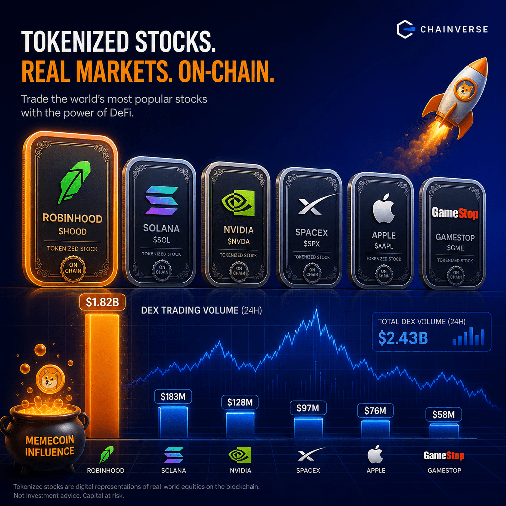 "Imaginative depiction of tokenized stocks as digital coins and stock certificates, featuring prominent trading platforms and companies including Robinhood, Solana, Nvidia, SpaceX, Apple, and GameStop. Robinhood's trading volume bar is significantly larger, illustrating high trading volume. Elements of memecoin influence are tastefully represented. The background transitions smoothly from dark blue to midnight blue, with important highlights such as Robinhood's volume bar and the memecoin symbol accentuated in orange. Our company logo is discreetly integrated at the corner. The image dimensions are 1200 x 628 pixels."