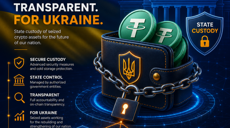 SEO-Focused Alt-Text for Your Image: Modern digital illustration sized 1200x628 pixels featuring Ukrainian flag motifs in the background. In the foreground, a secure digital wallet containing Tether (USDT) cryptocurrency coins is shown, reinforced by stylized chains, digital locks, and blockchain network graphics symbolizing strong security and custody. Elements such as a government building icon and shield represent state authority, conveying the innovative and secure government management of seized crypto assets. Brand colors #FF9811 (orange), #000D43 (dark blue), and #021B88 (midnight blue) create a sleek, professional look.